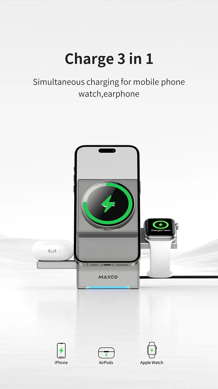 Certified Qi2 3-in-1 Magnetic Wireless Charging Stand iPhone